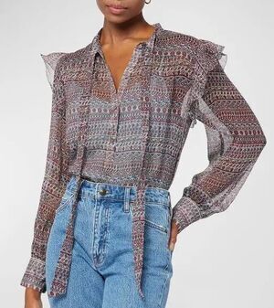 Joie Eloise Silk neck tie flutter sheer multicolor print blouse top womens XXS